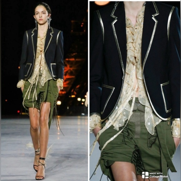 Saint Laurent Gold Trim Garbadine Blazer in Black Wool FR36